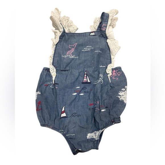 Mud Pie Infant Girls Nautical Sail Away Sunsuit Romper Eyelet Lace 12-18 Months - Picture 1 of 5